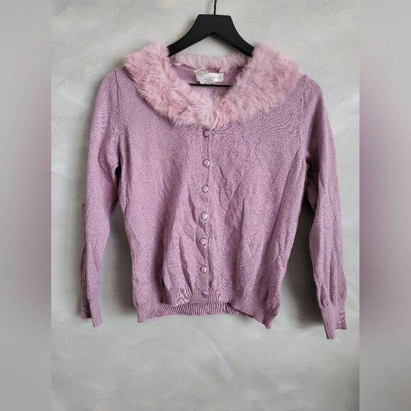 Worthington Lavender Purple faux fur Collar Button Close Cardigan Size L - Picture 6 of 16